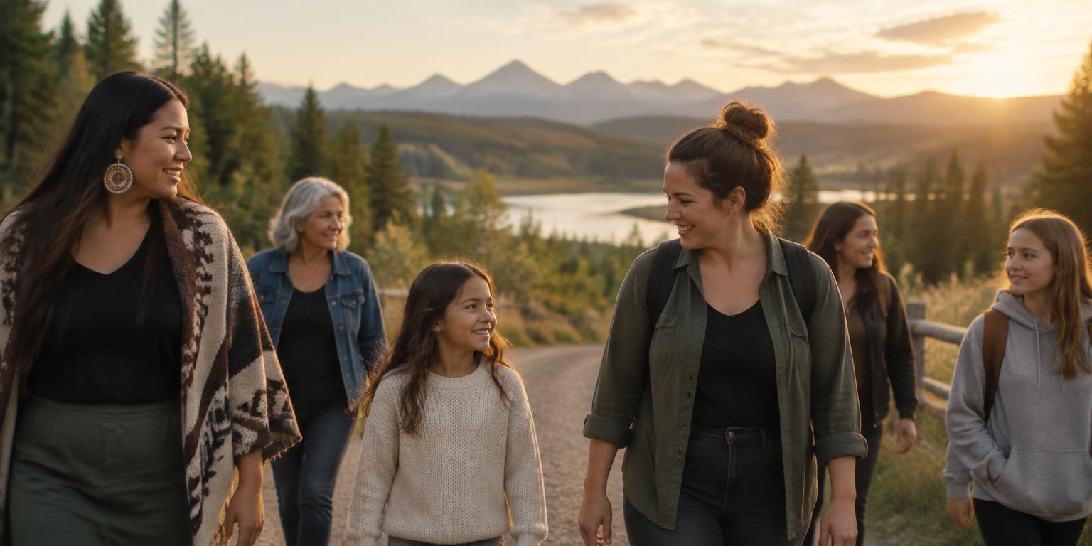 Women, youths and children walking together in an Alberta community
